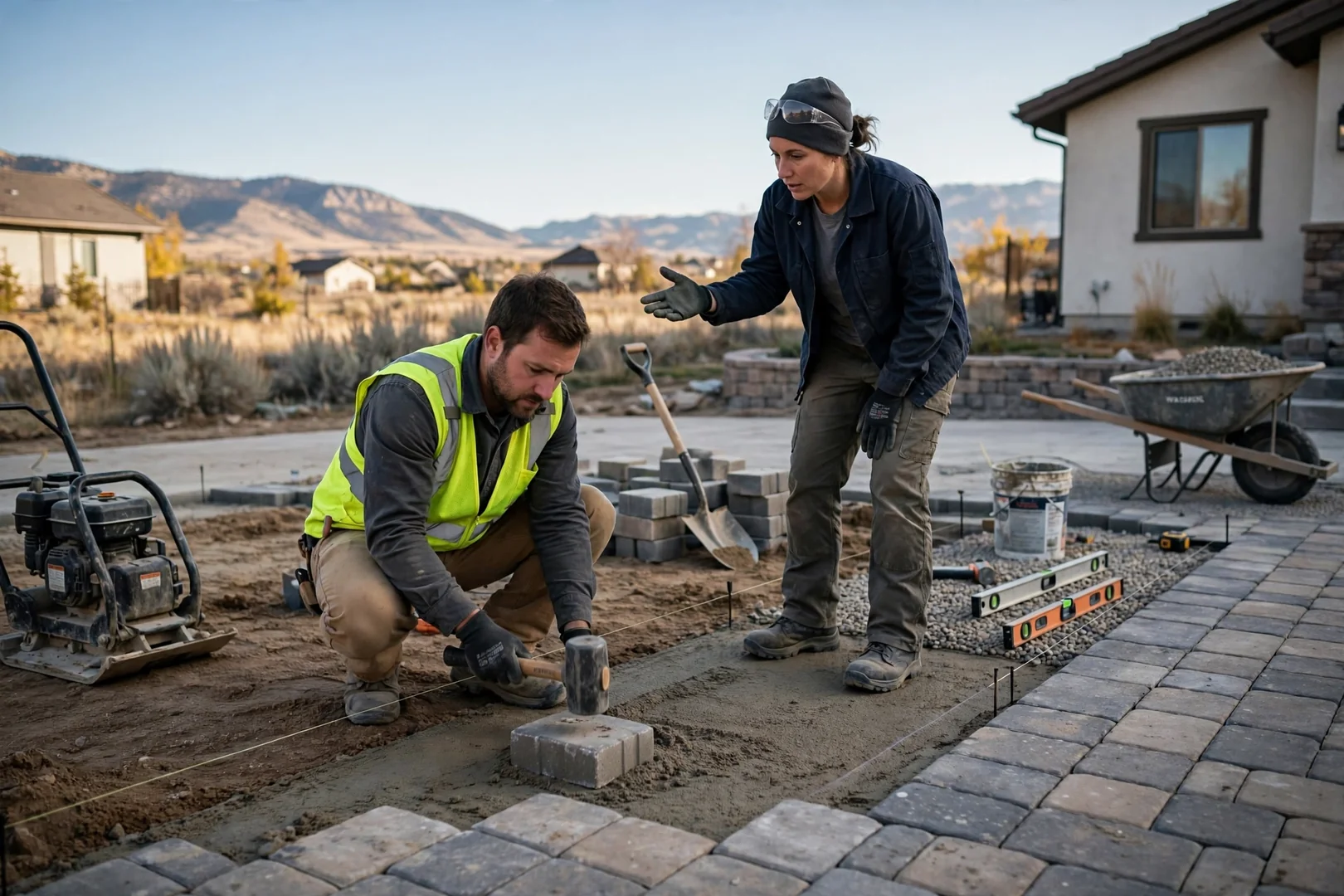 Newly installed interlocking paver driveway with clean edge restraints at a South Jordan home