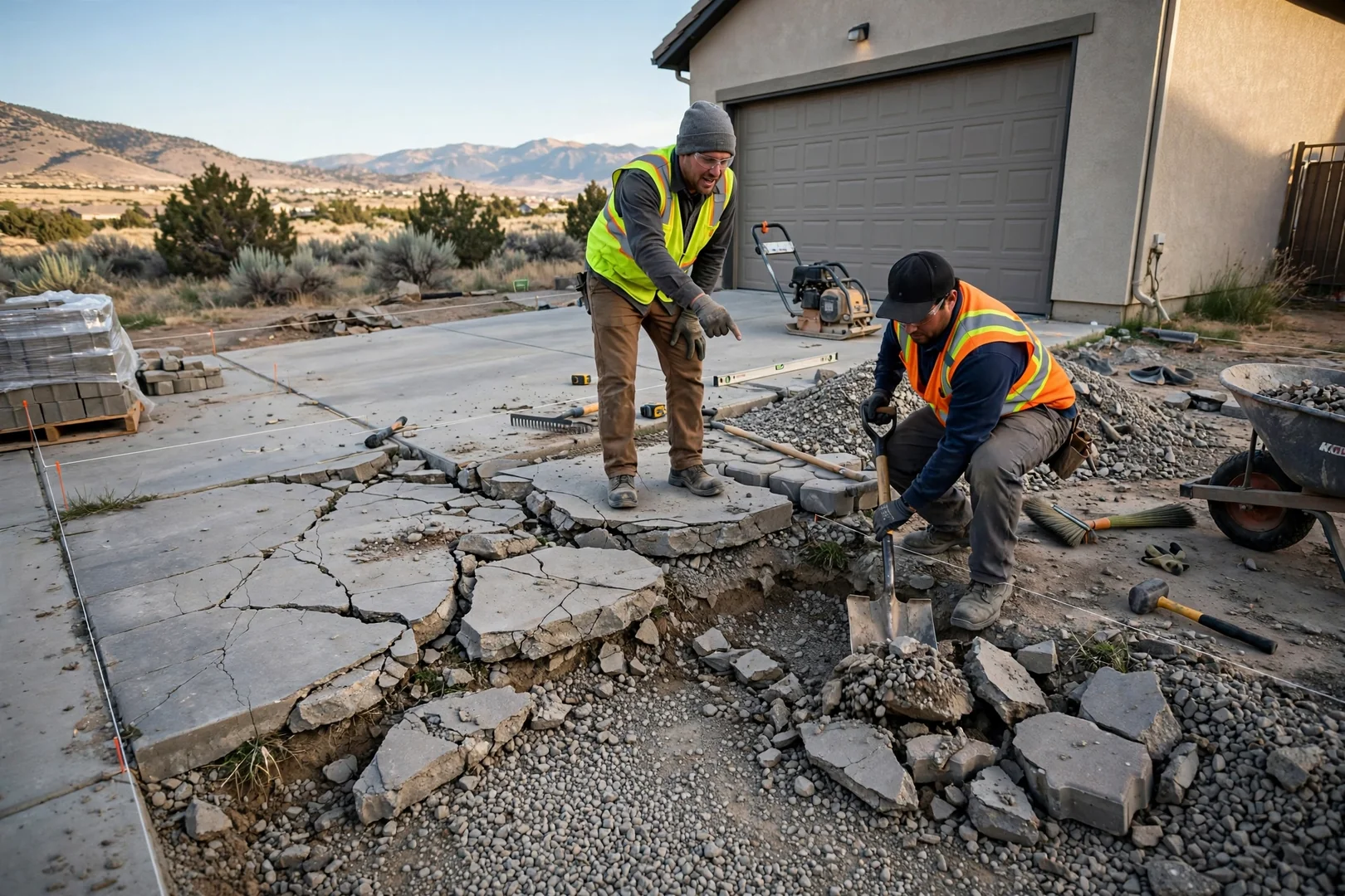 Cracked and heaved concrete driveway panels near a garage in South Jordan