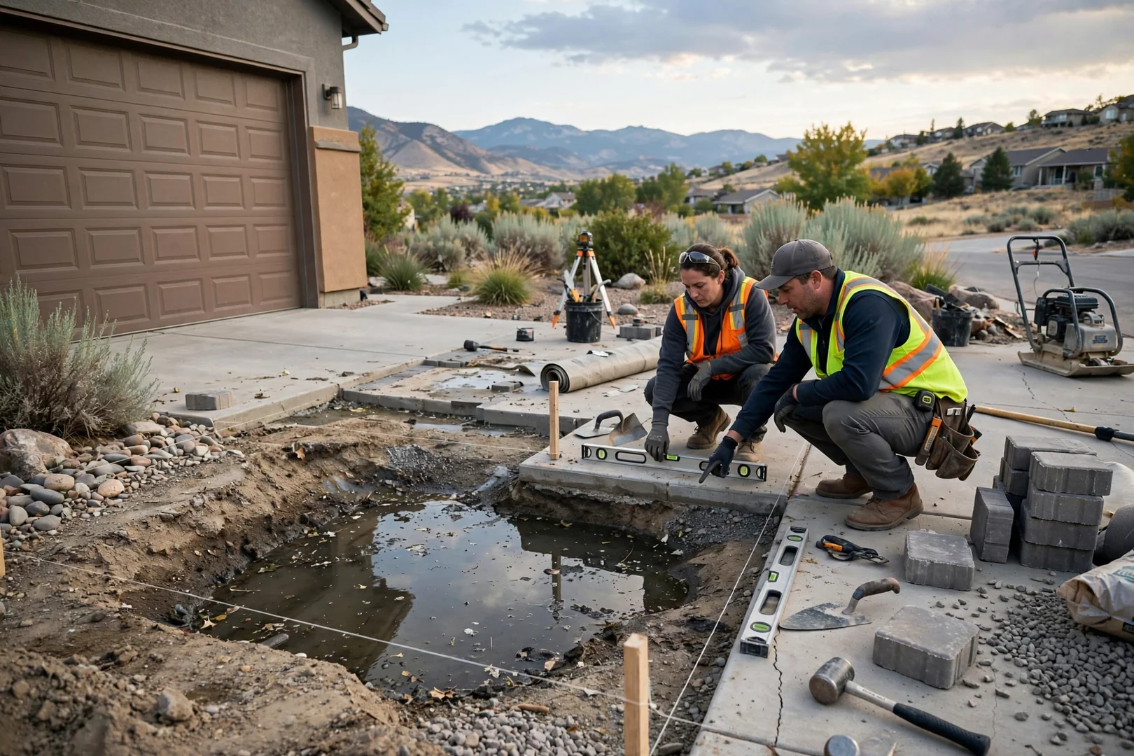 Water pooling on a sunken driveway slab beside a residential garage apron