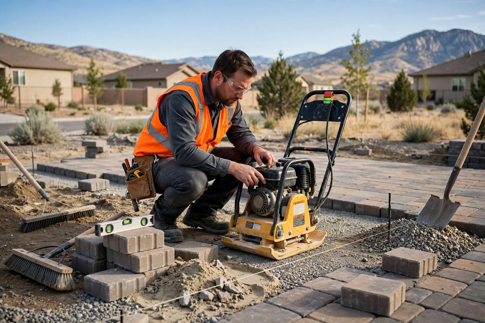 South Jordan Paver Installers technician reviewing Paver Installation equipment in South Jordan, UT