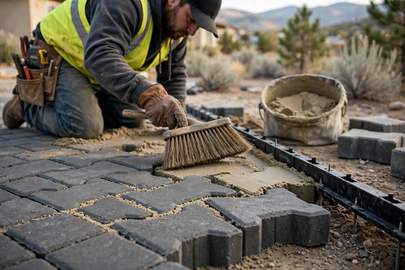 Close-up of interlocking concrete pavers with polymeric sand joints and edge restraint