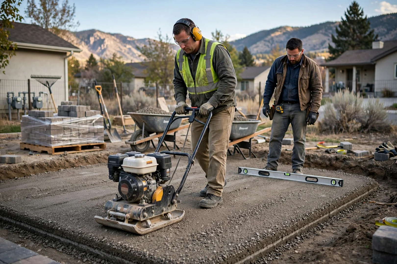 Compacted gravel base being prepared with a plate compactor before paver installation