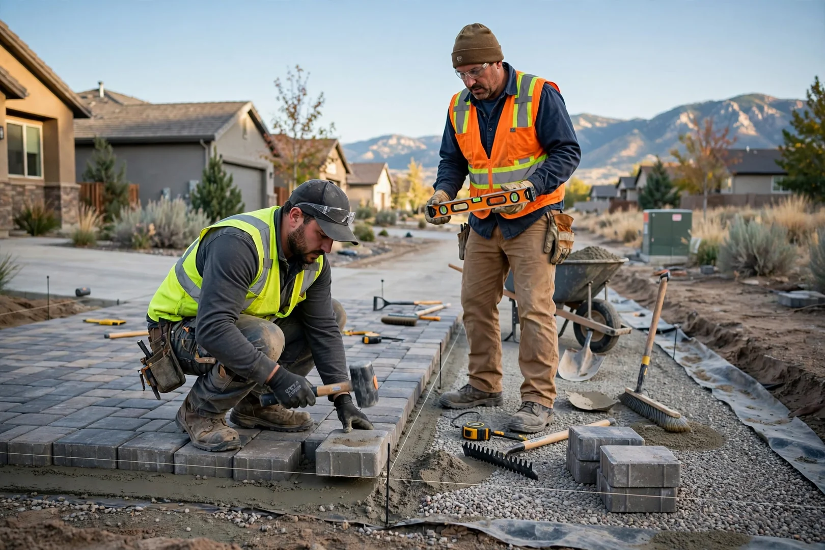 Crew compacting gravel base for a new paver patio in a South Jordan backyard