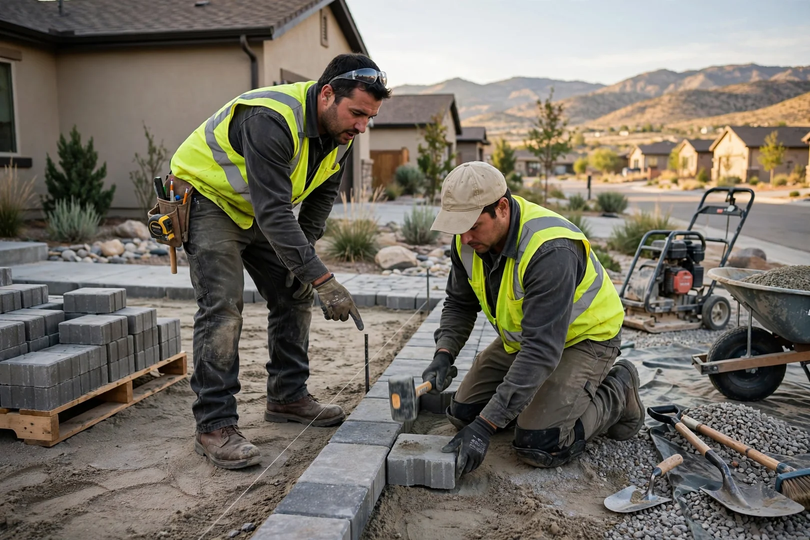 Contractor measuring a backyard area for a paver patio estimate in South Jordan