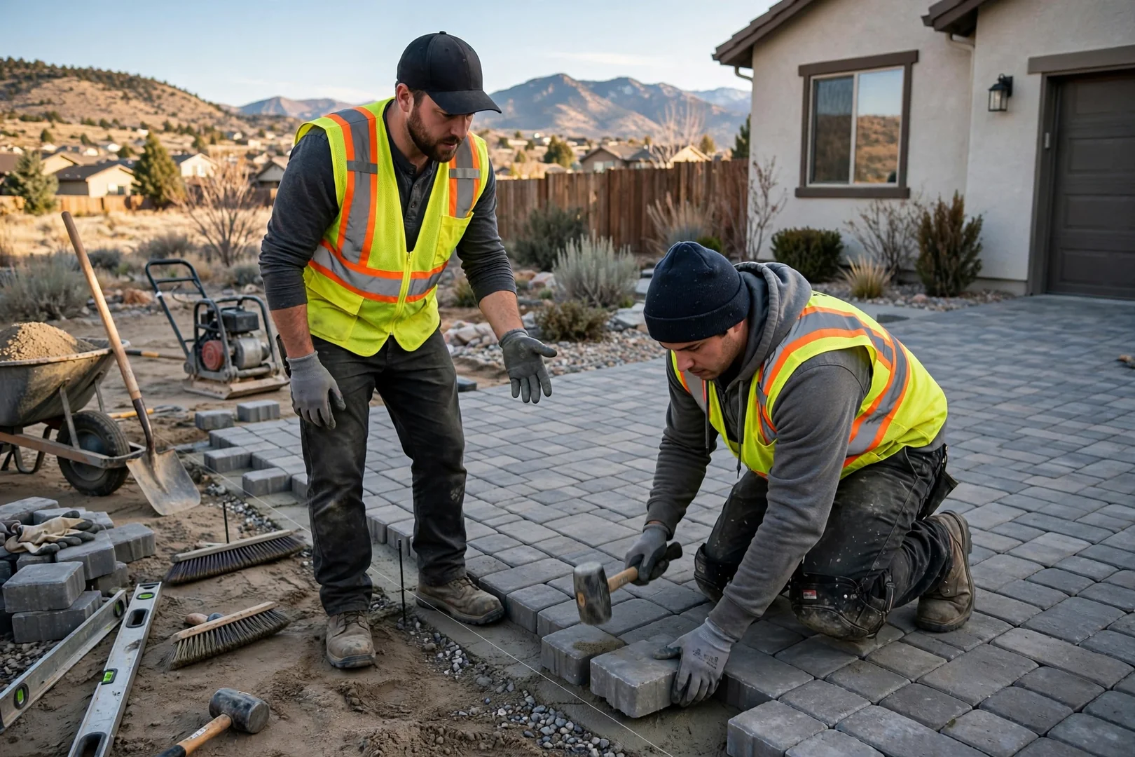 Crew setting pavers on a new backyard patio