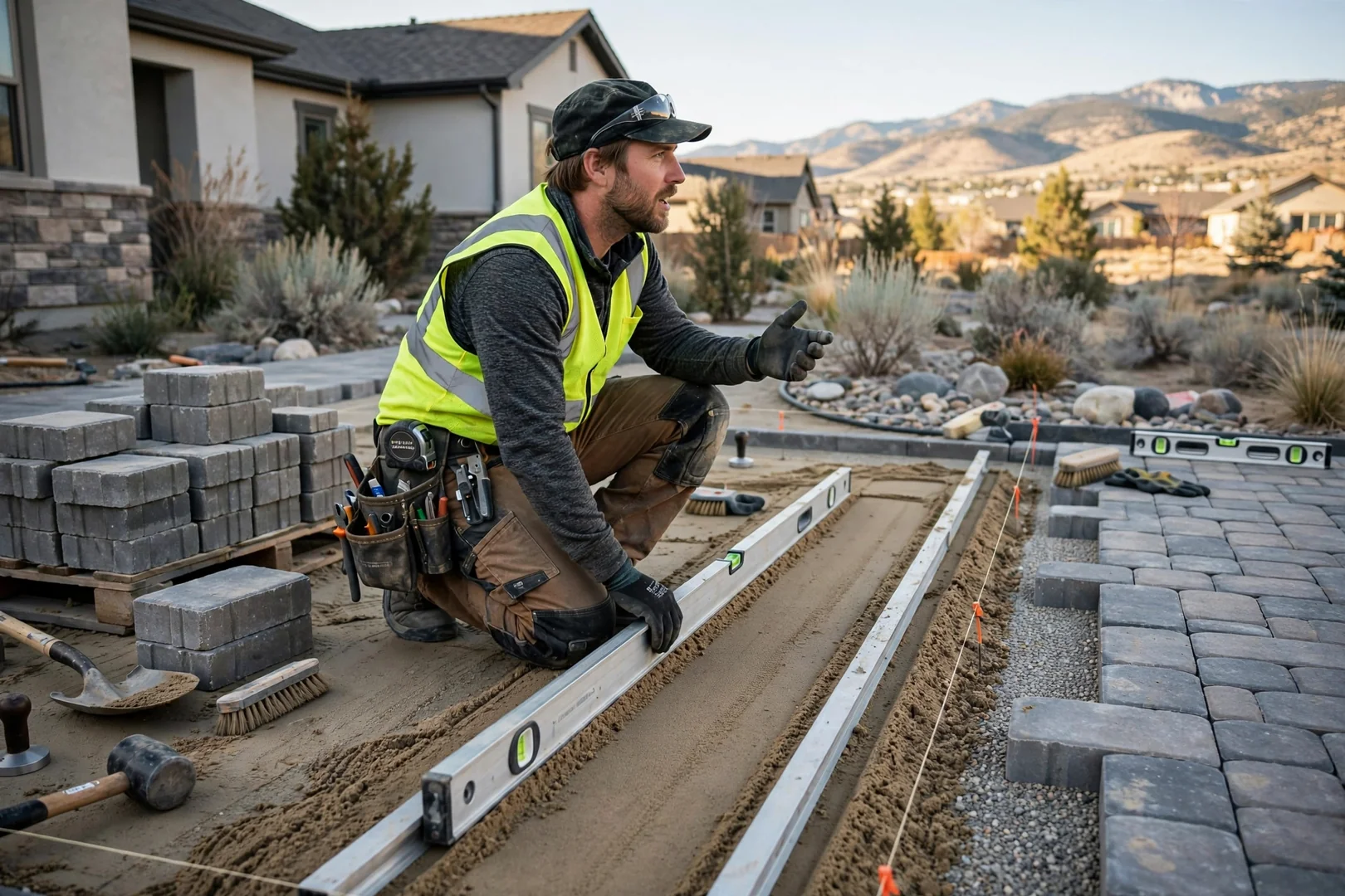 Laser level and plate compactor set up on a graded paver base in a South Jordan backyard