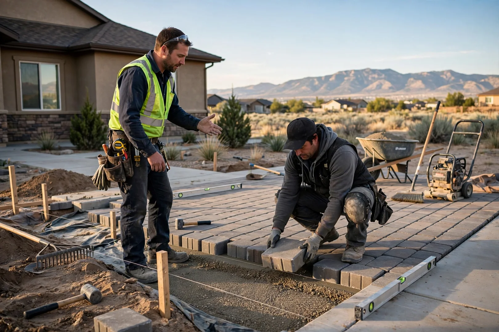 Paver installer reviewing a written estimate with a homeowner beside a new backyard patio