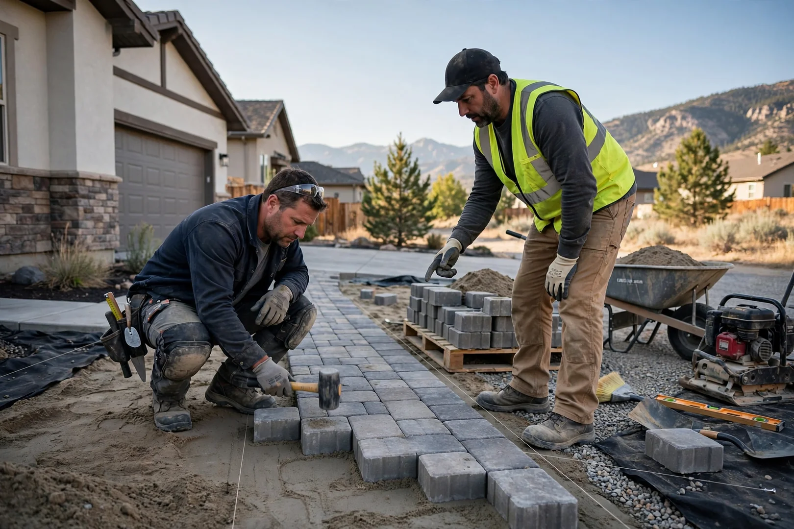 Sunken paver walkway with uneven joints and weeds growing between stones