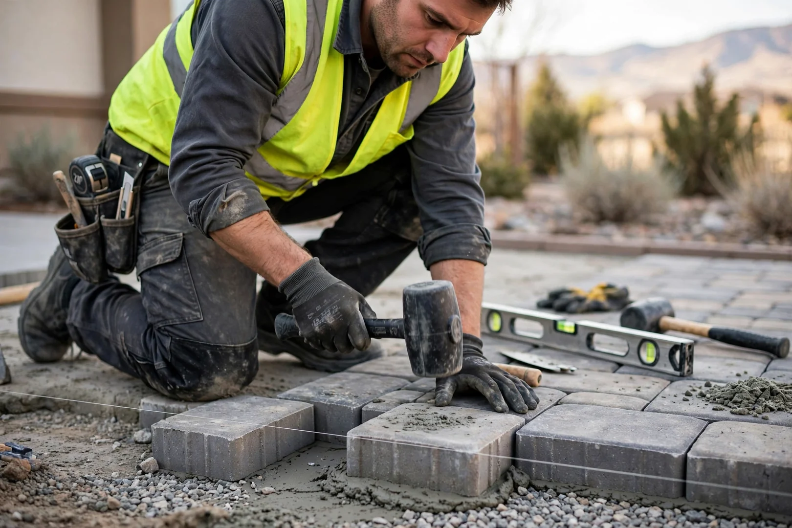 Crew compacting gravel base before laying new pavers at a South Jordan home