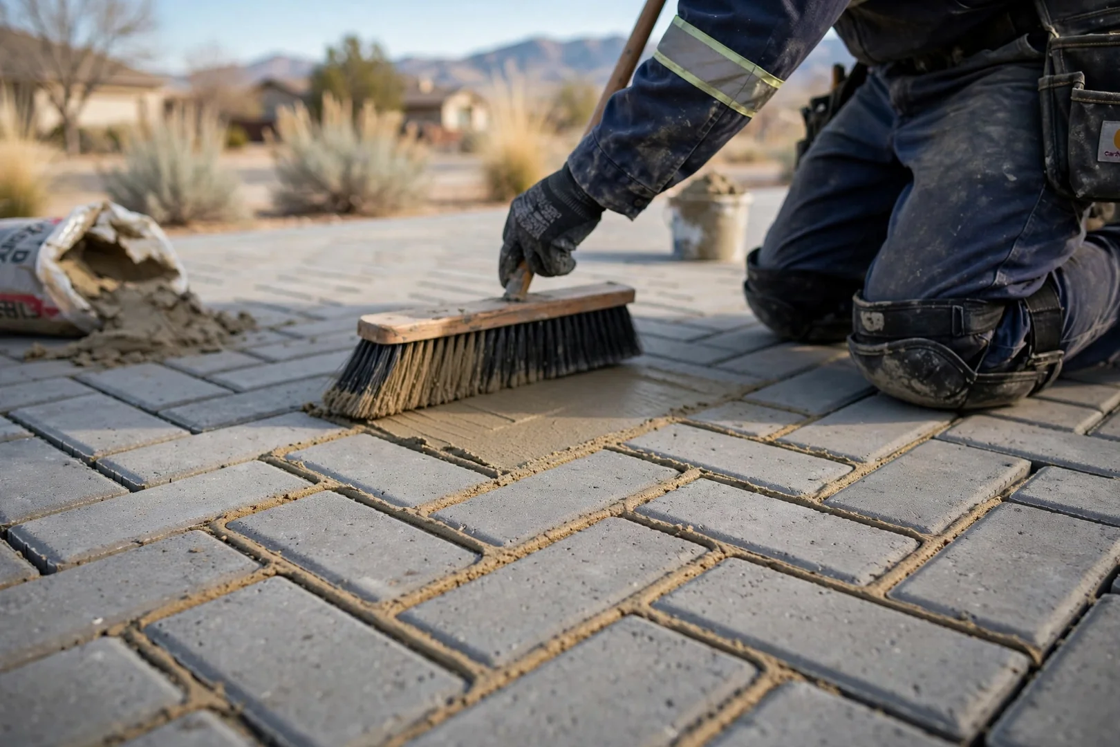 Close-up of herringbone concrete pavers with freshly swept polymeric sand joints