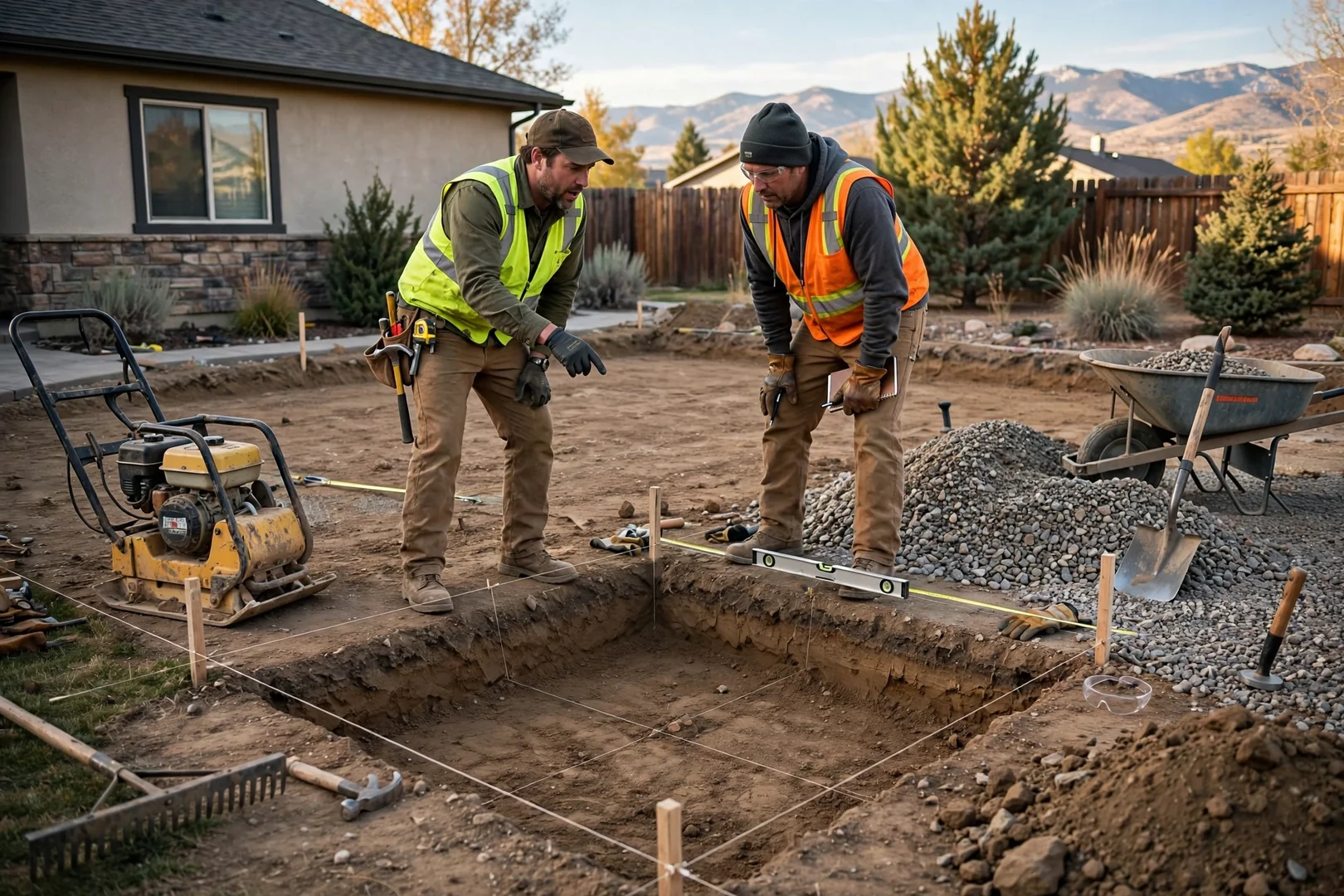 Excavated backyard area ready for compacted gravel base before paver patio installation