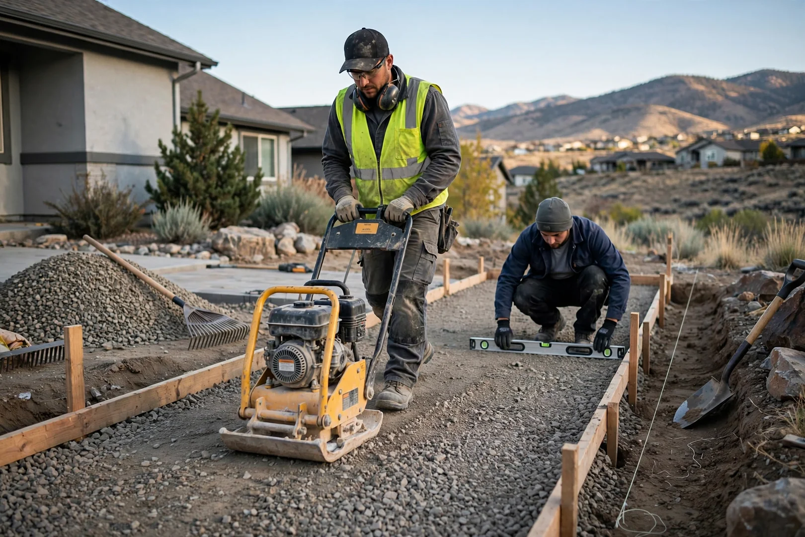 Plate compactor leveling a crushed gravel base for a new paver walkway