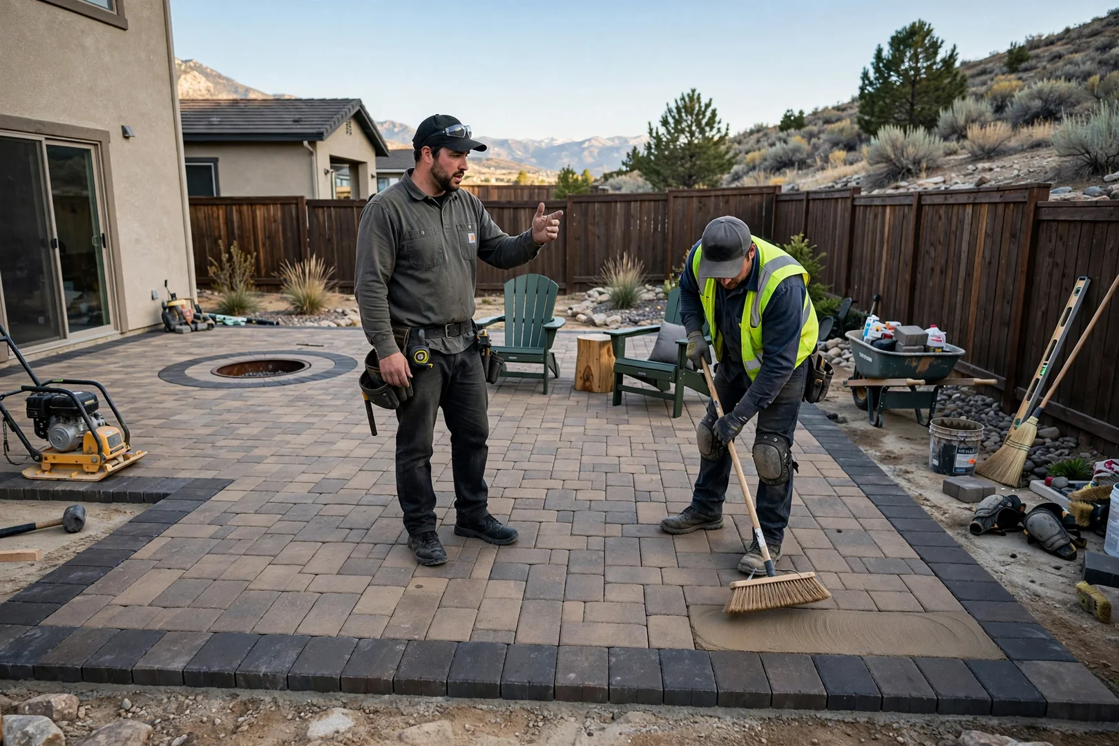 Completed backyard paver patio with border course and outdoor seating area in South Jordan