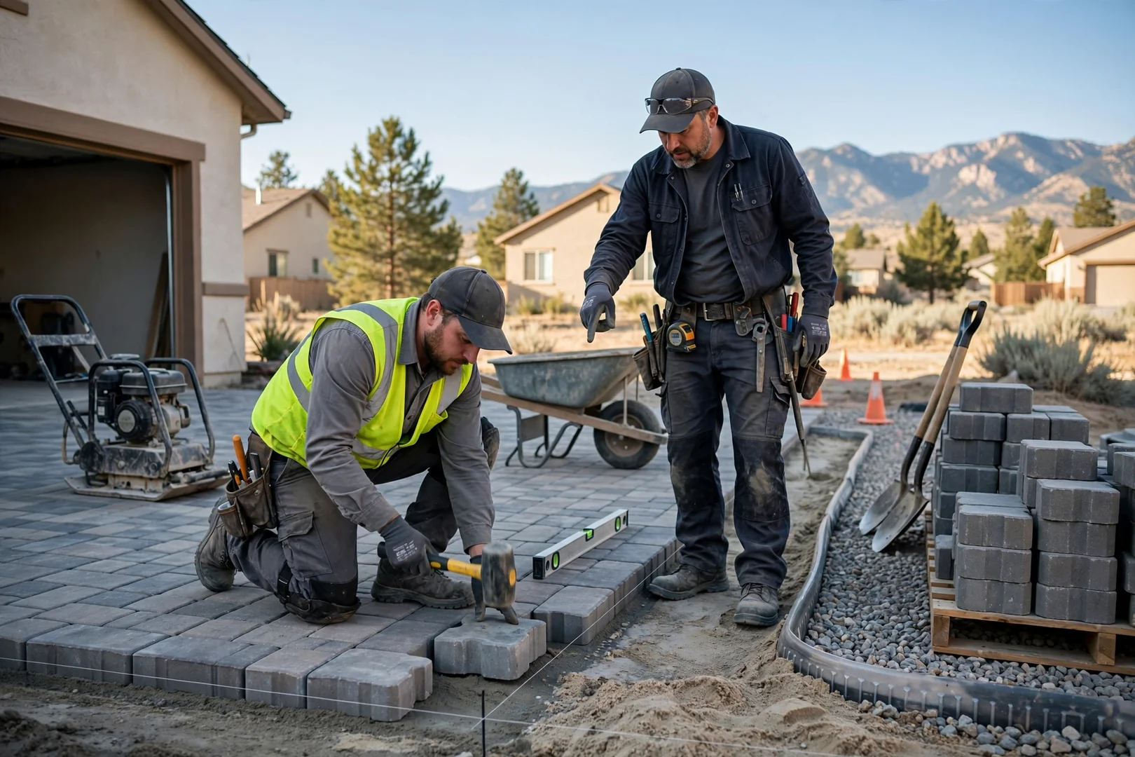 Crew member in safety gear compacting a gravel base for pavers