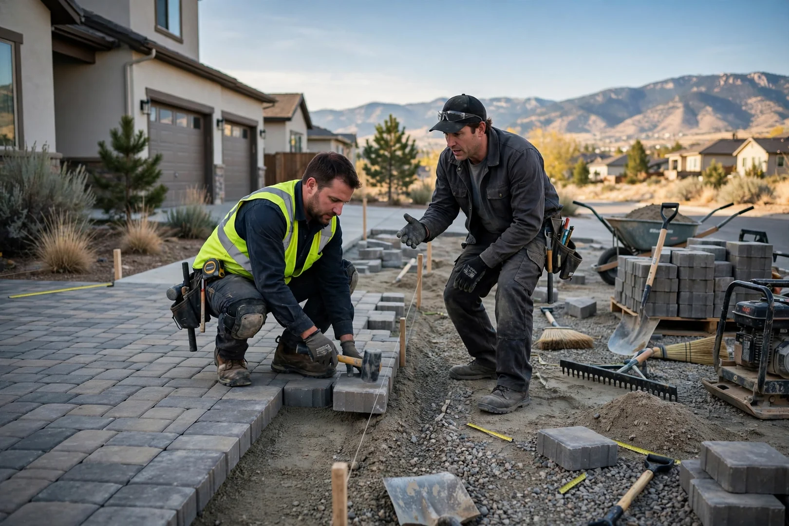 Installer reviewing a finished paver walkway with a homeowner