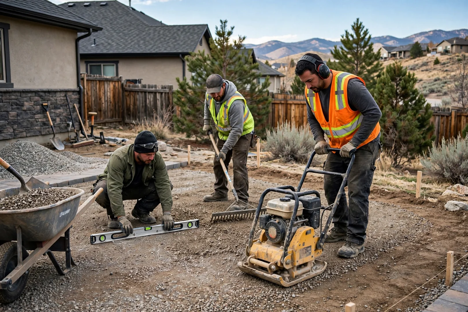 Crew compacting gravel base for a paver patio at a South Jordan home