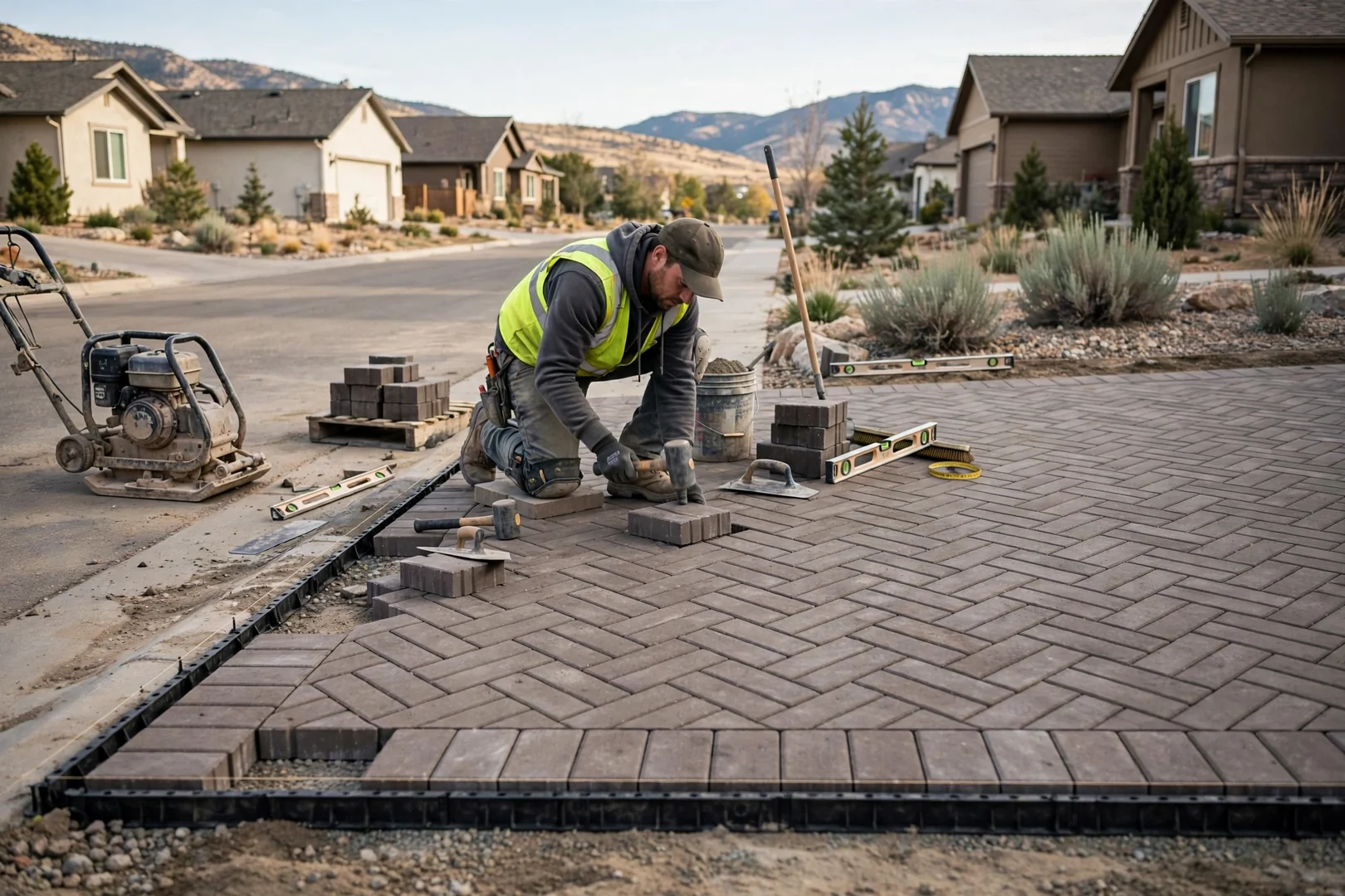 Herringbone paver driveway with edge restraint along a residential street in South Jordan