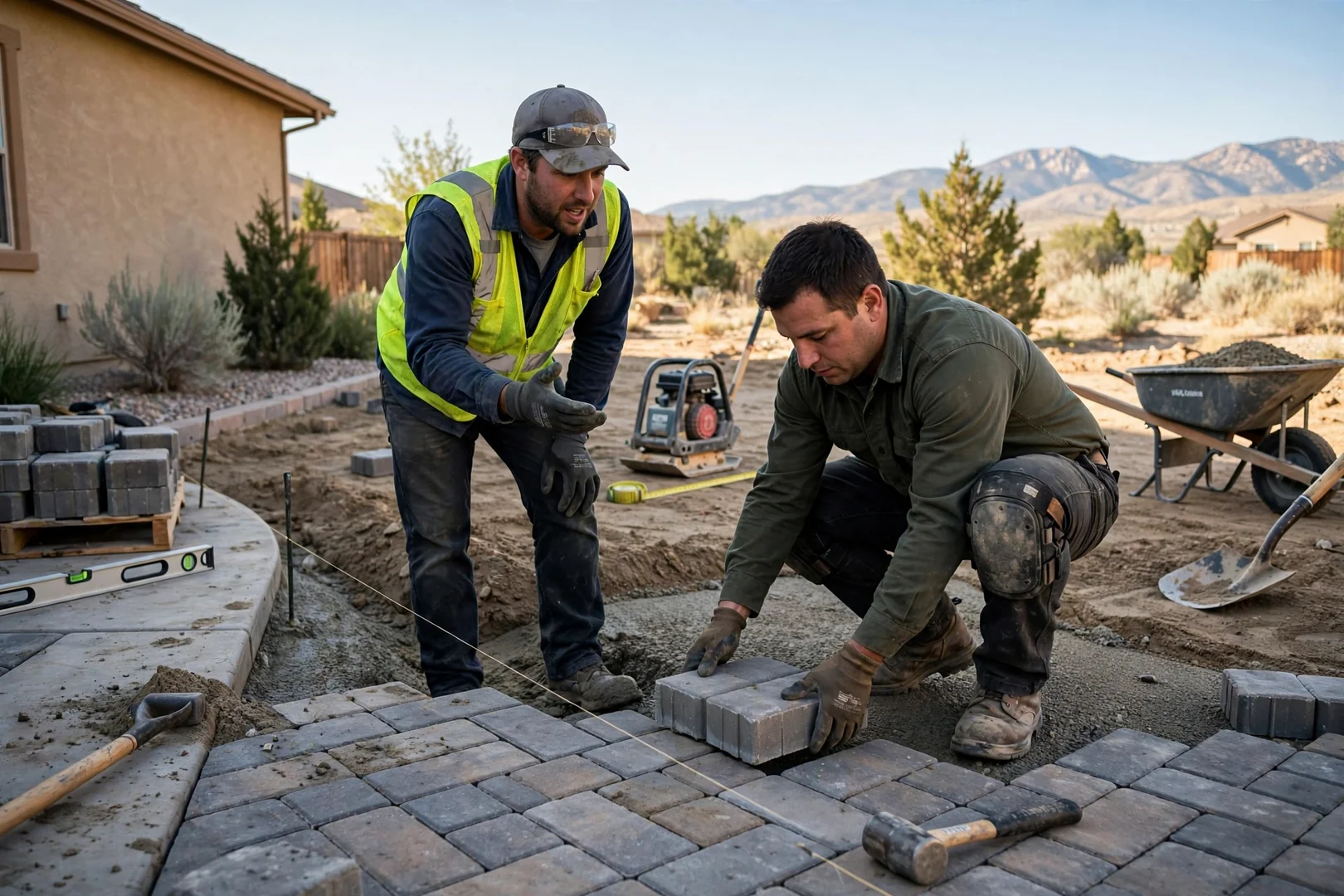 Crew measuring a backyard area for a paver patio installation estimate in South Jordan