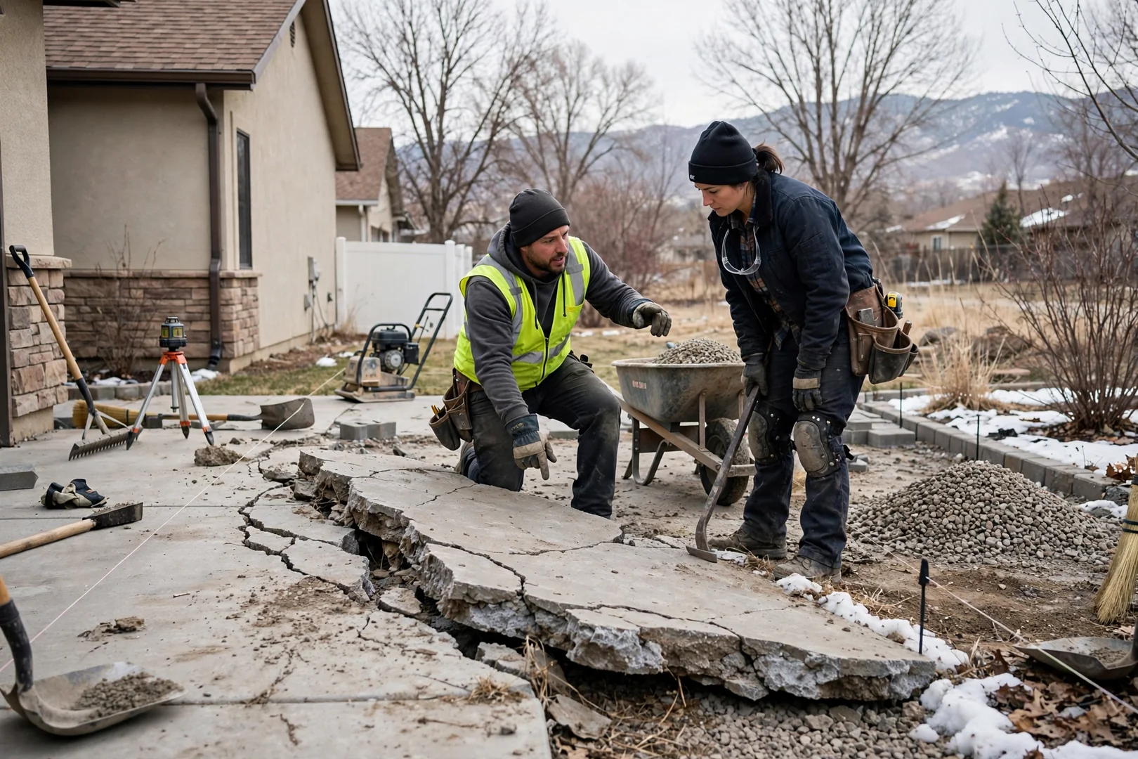 Cracked and heaved concrete patio slab beside a South Jordan home after winter