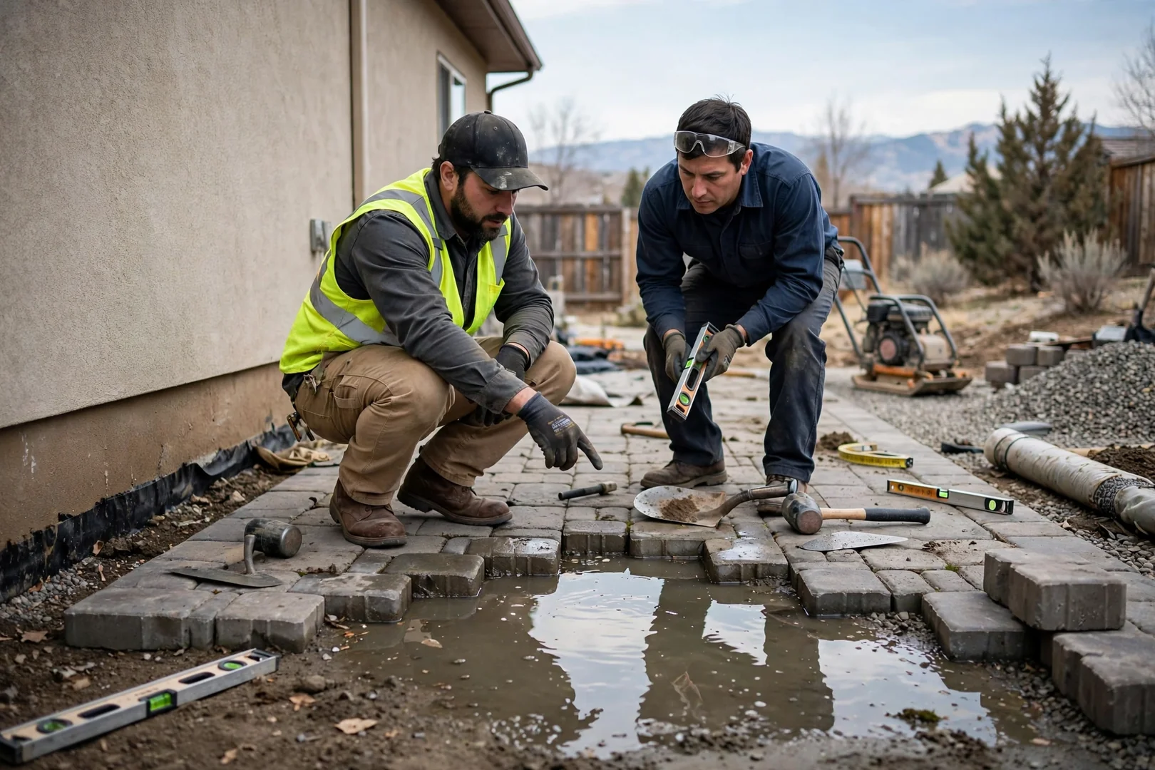 Standing water pooling on an uneven backyard patio surface near a house foundation