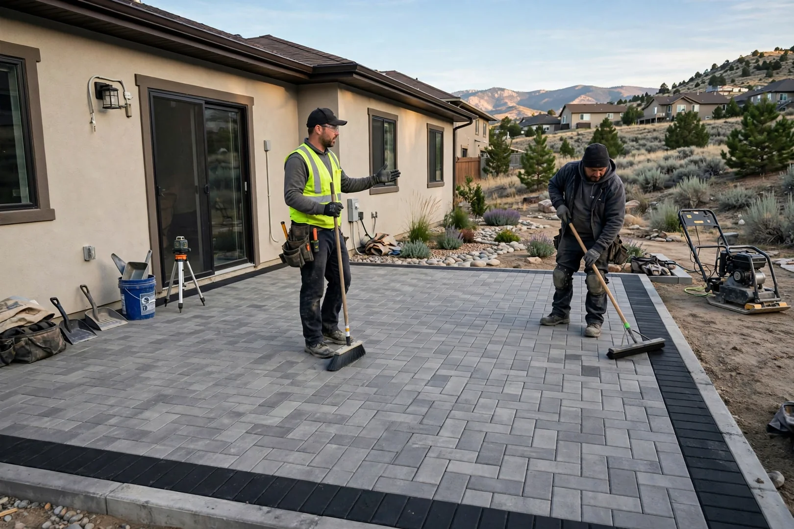 Finished concrete paver patio with herringbone pattern behind a South Jordan home