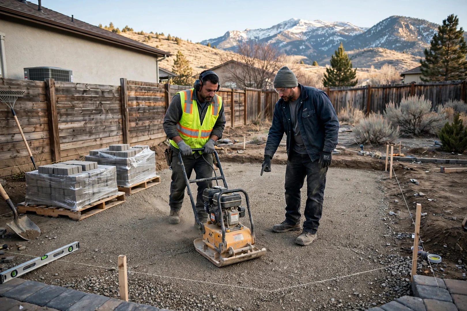 Plate compactor leveling road base for a new backyard paver patio