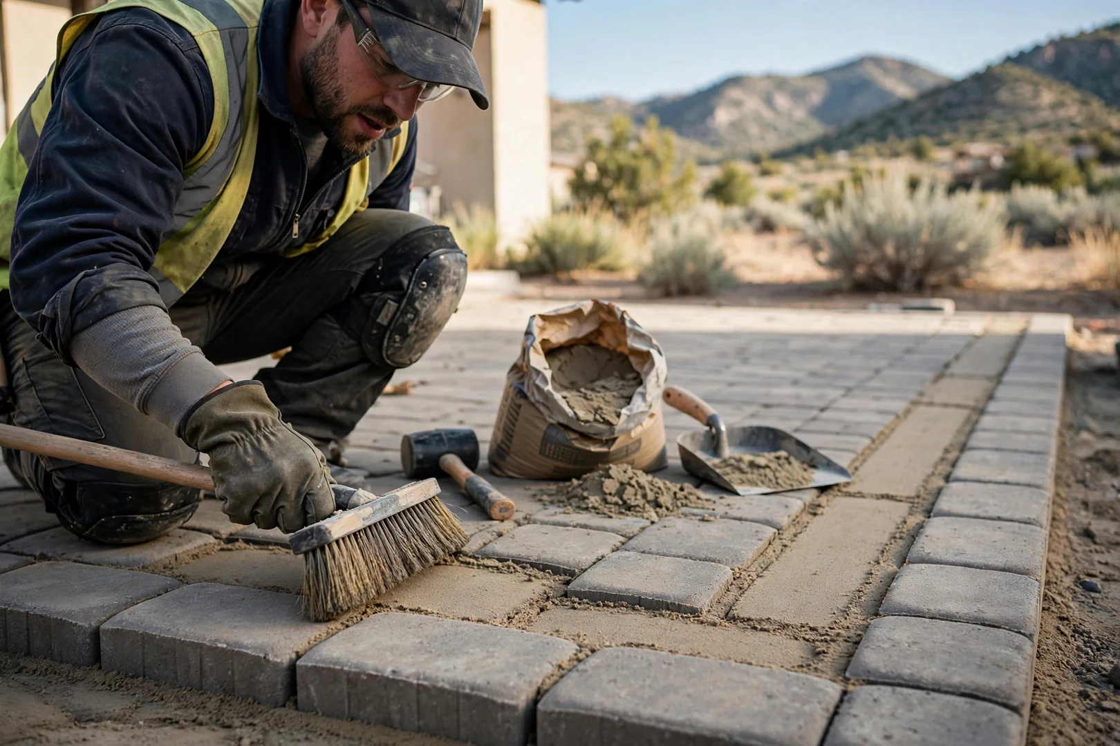 Close-up of polymeric sand joints and soldier course border on patio pavers