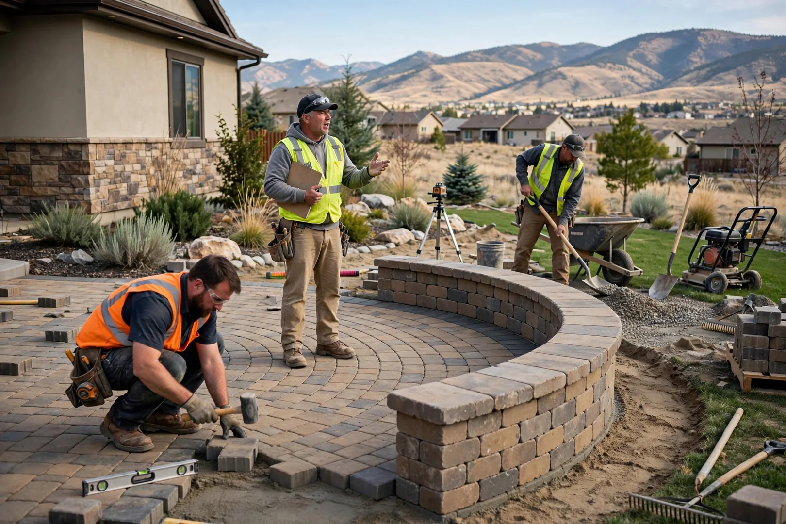 Wide view of a curved paver patio with seat wall in South Jordan