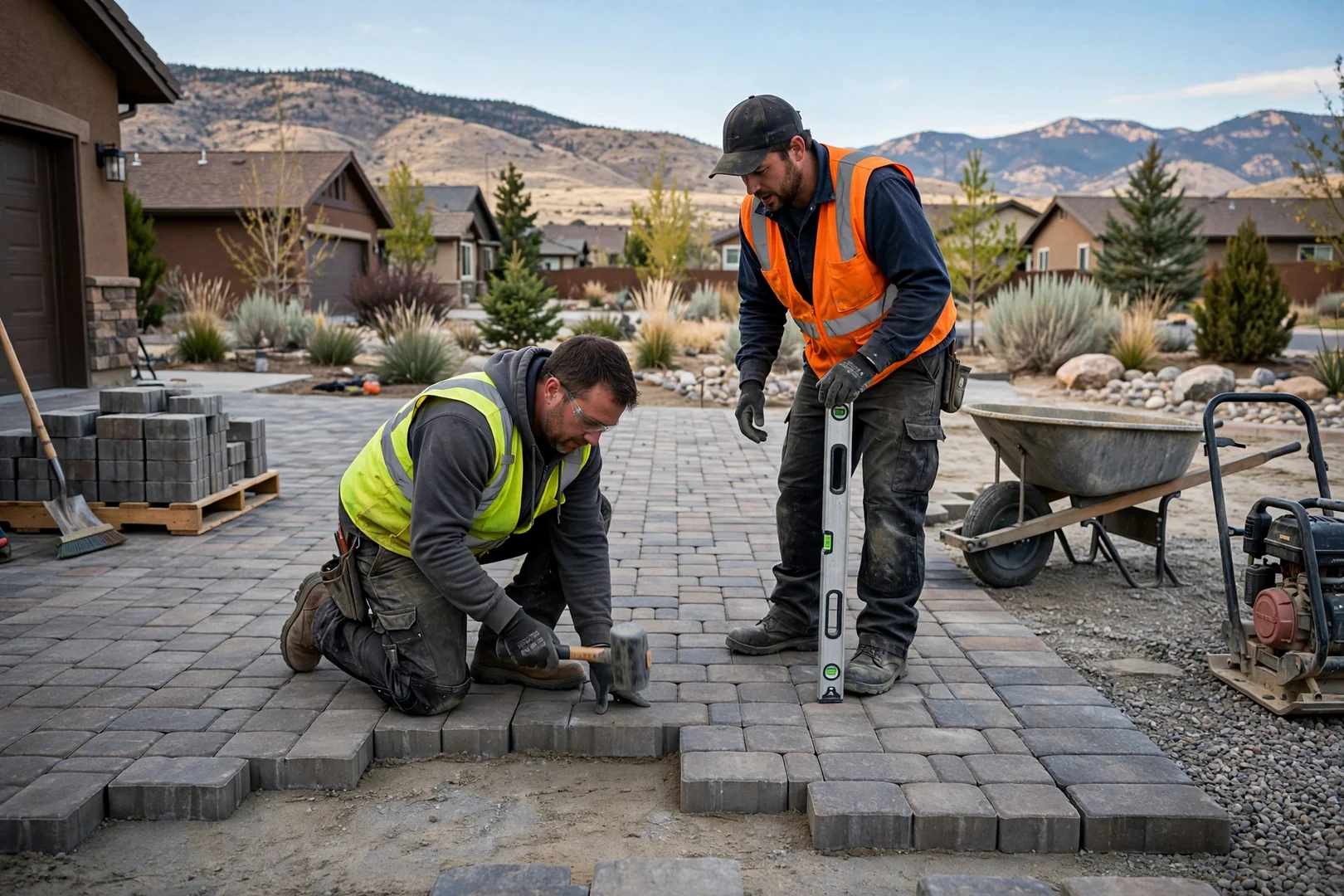 Measuring tape and marking paint outlining a new paver walkway layout in a South Jordan front yard
