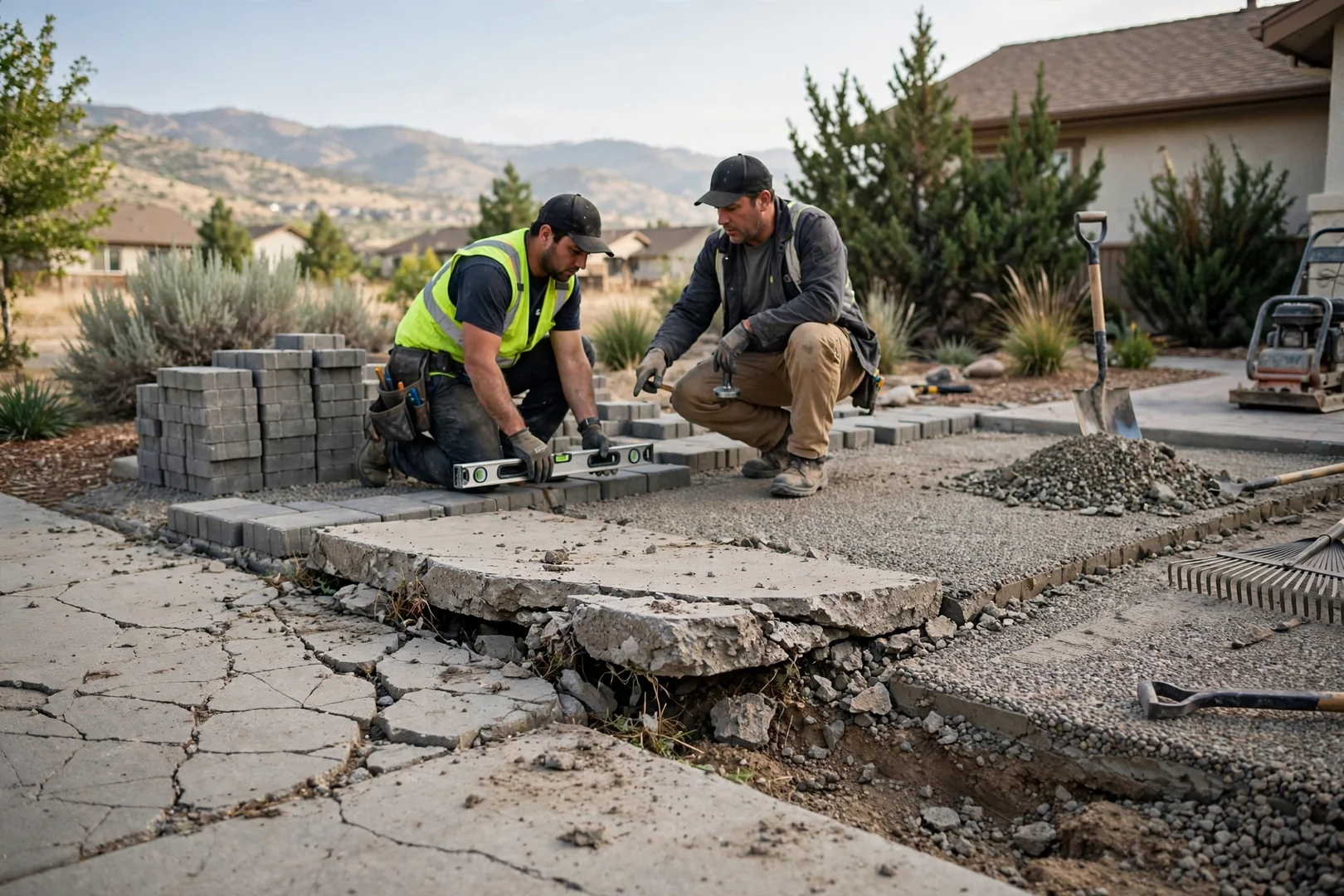 Cracked and heaved concrete sidewalk with uneven trip edges in a South Jordan front yard