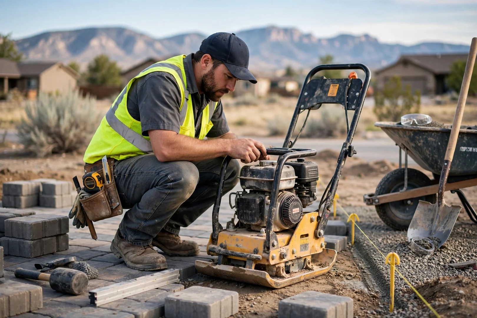 South Jordan Paver Installers technician reviewing Paver Installation equipment in South Jordan, UT