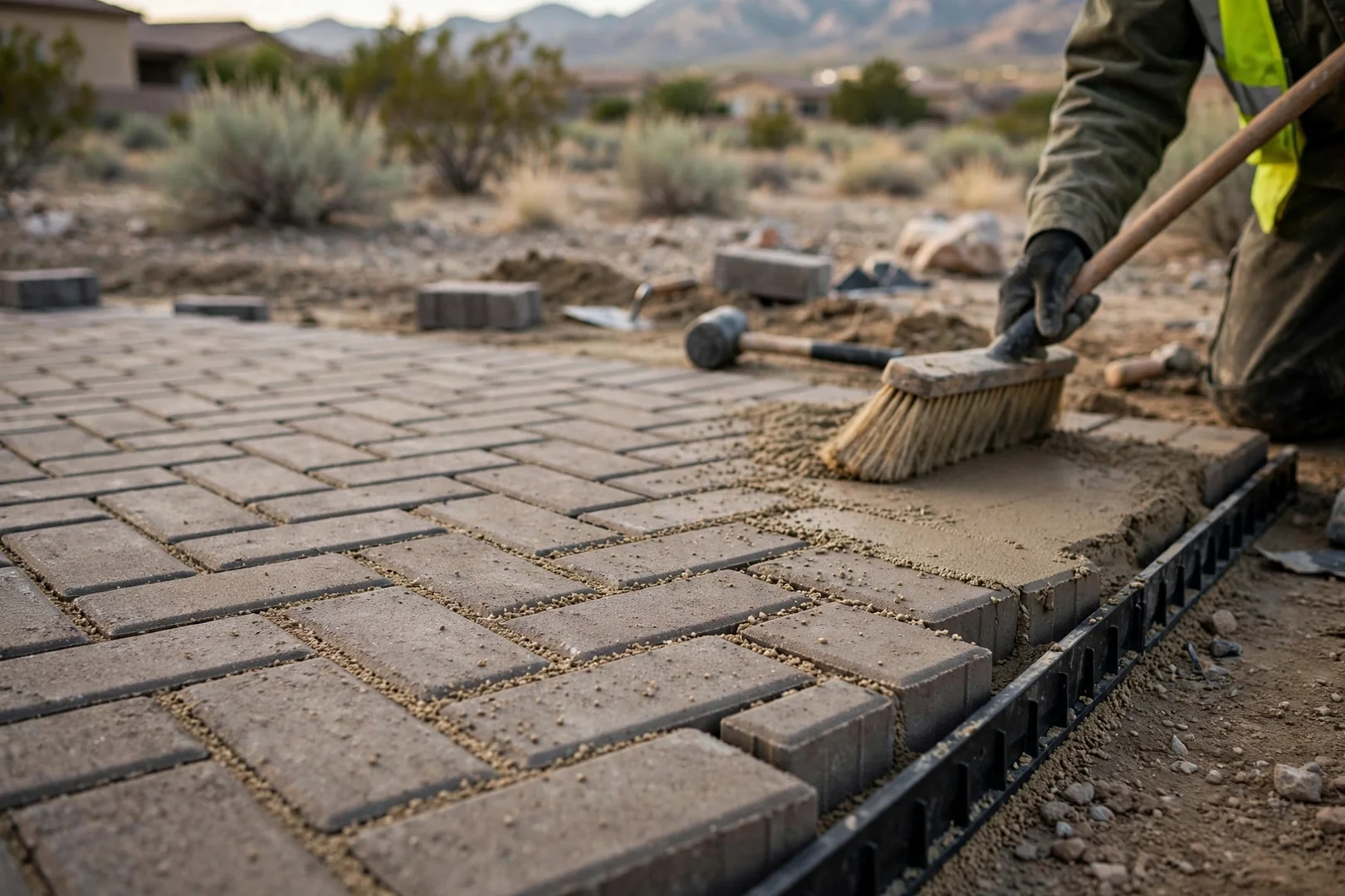 Close-up of herringbone paver pattern with polymeric sand joints and black edge restraint