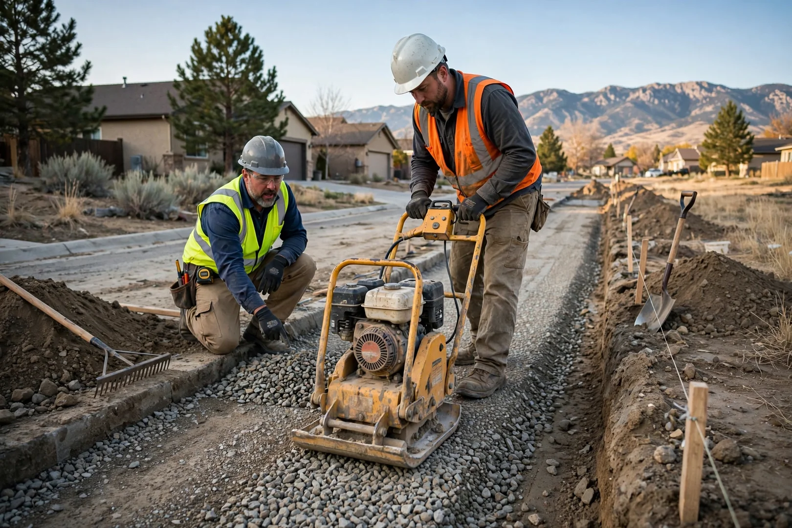 Plate compactor leveling crushed road base inside an excavated sidewalk path before paver setting