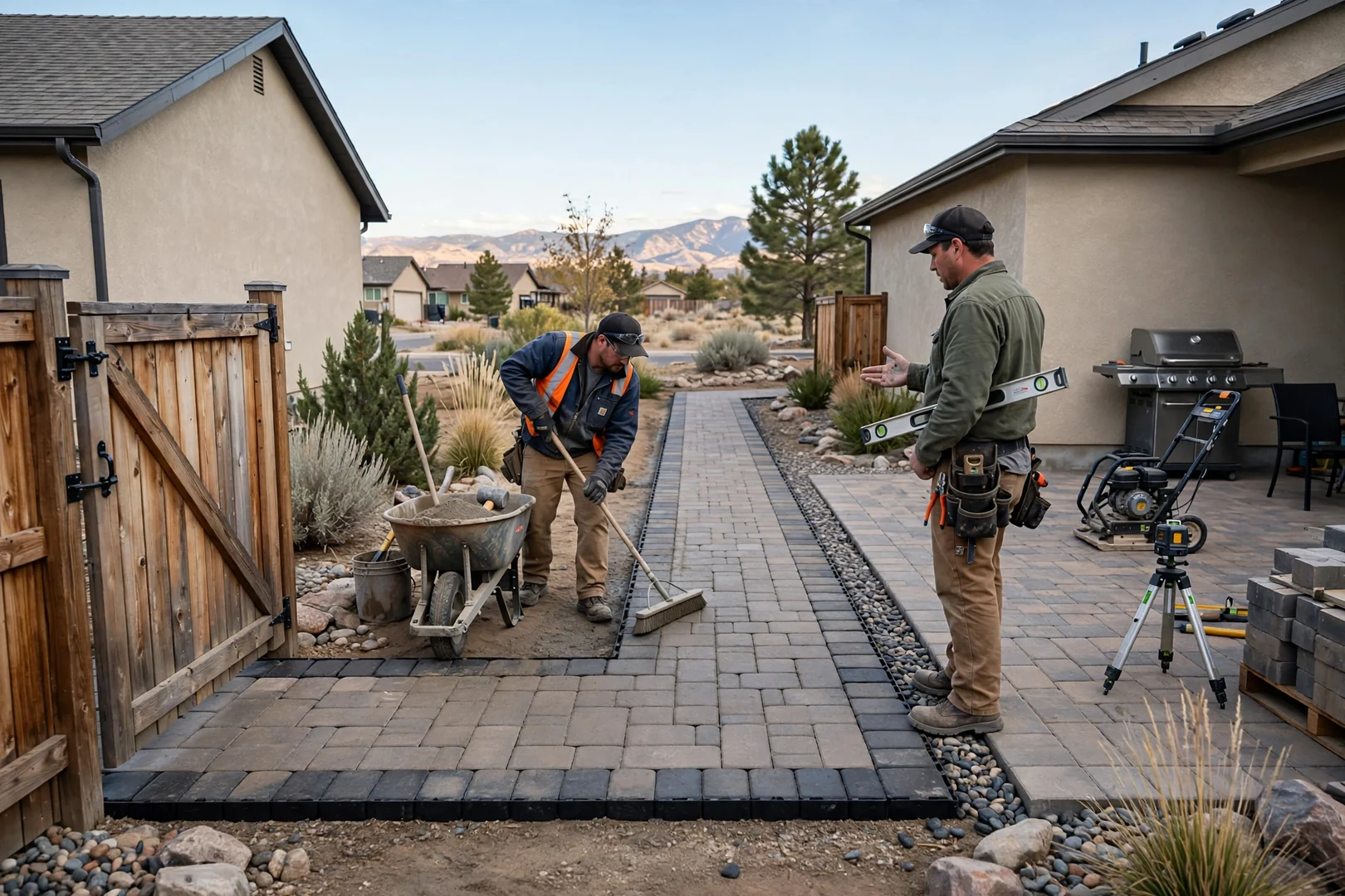 Wide view of finished side-yard paver sidewalk connecting a gate to a backyard patio